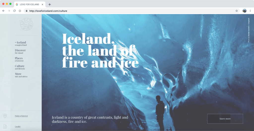 Web page design from the Love for Iceland project, utilizing shades of blue for color in web design to evoke the essence of the Icelandic ocean spray