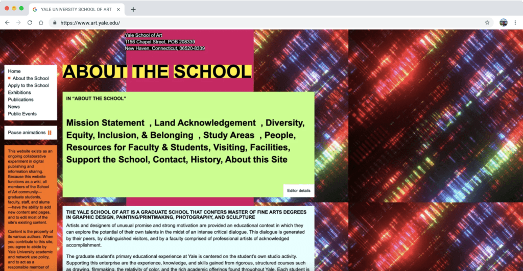 Screenshot of Yale University School of Art website demonstrating poor use of color in web design, with clashing color schemes that detract from visual coherence